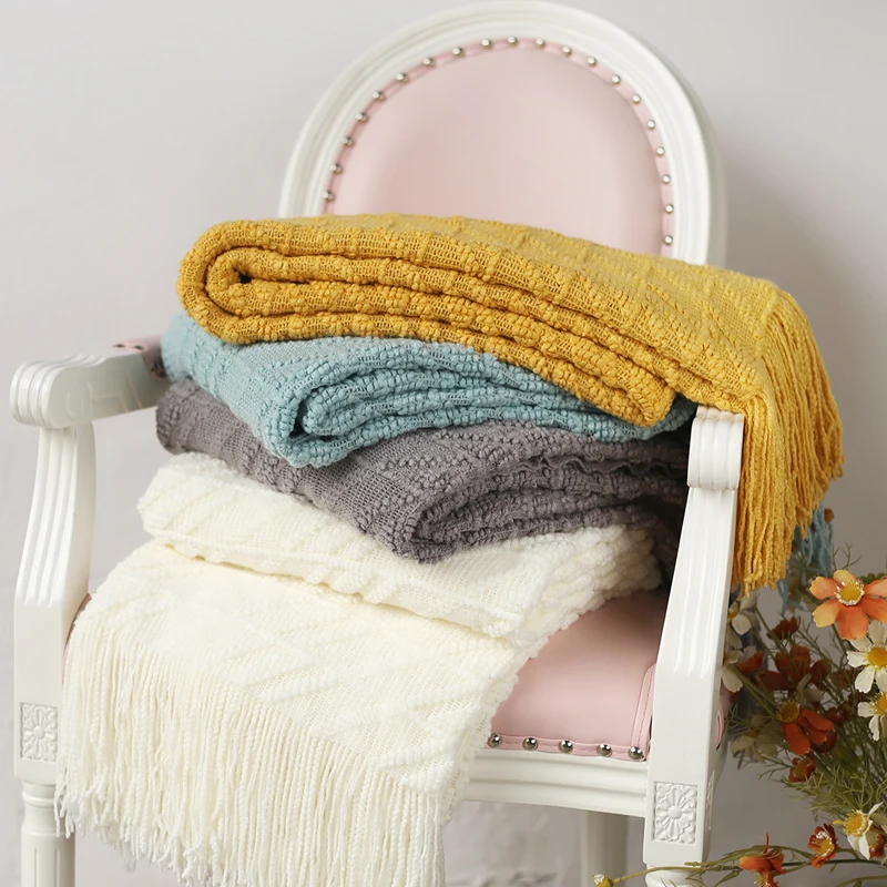 Knitted Throw Travel Blanket Cream Yellow Blue Grey  Sofa Throw Blanket Tassels Air Condition Blanket Twill  Acrylic 130x170cm