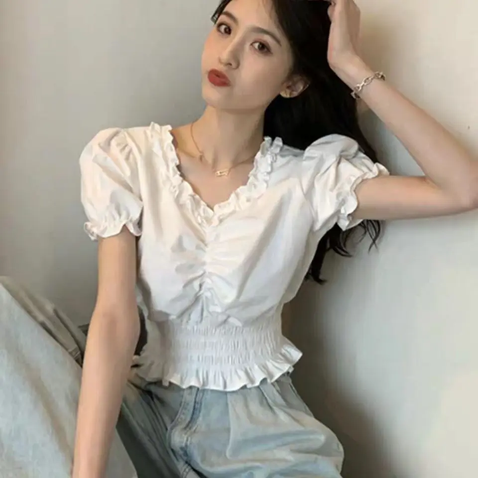 Elegant White Ruffles V Neck Cropped Top Casual Short Sleeve V NEck Ruched Slim Blouse Women Summer Simple All match Shirt