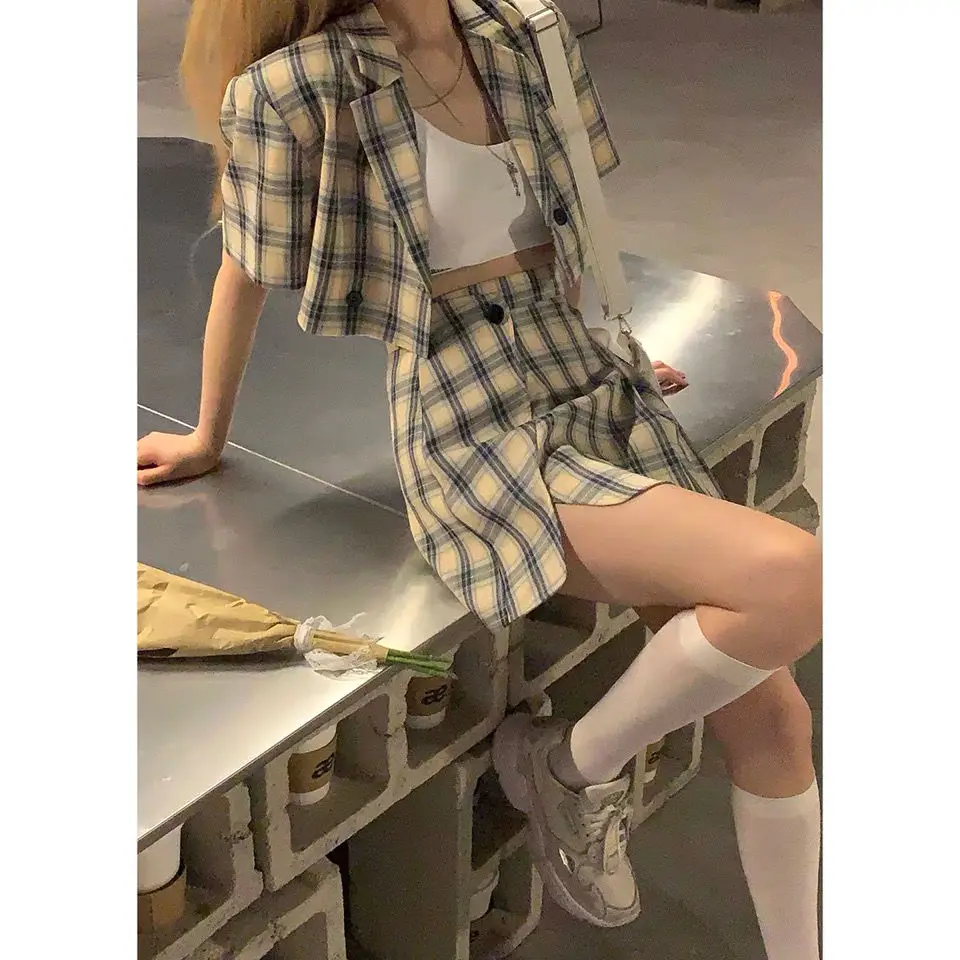 Matching Set Blazer And Skirts Women Preppy style Navel Exposed Short Short Sleeve Blazer Feminino Femme Summer Two Piece Set