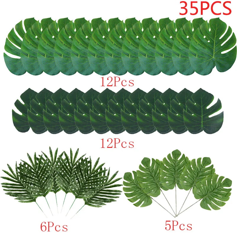 

35Pcs 4 Kinds Monstera Artificial Palm Leaves Tropical Plant Faux Stems Hawaiian Party Decorations Jungle Beach Theme Table