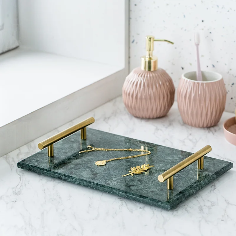 Tea Set Tray Marble & Brass Bathroom Cosmetic Shelf Fruit/ Pastry Plate Rectangle Creative Storage Organization Gold Handle