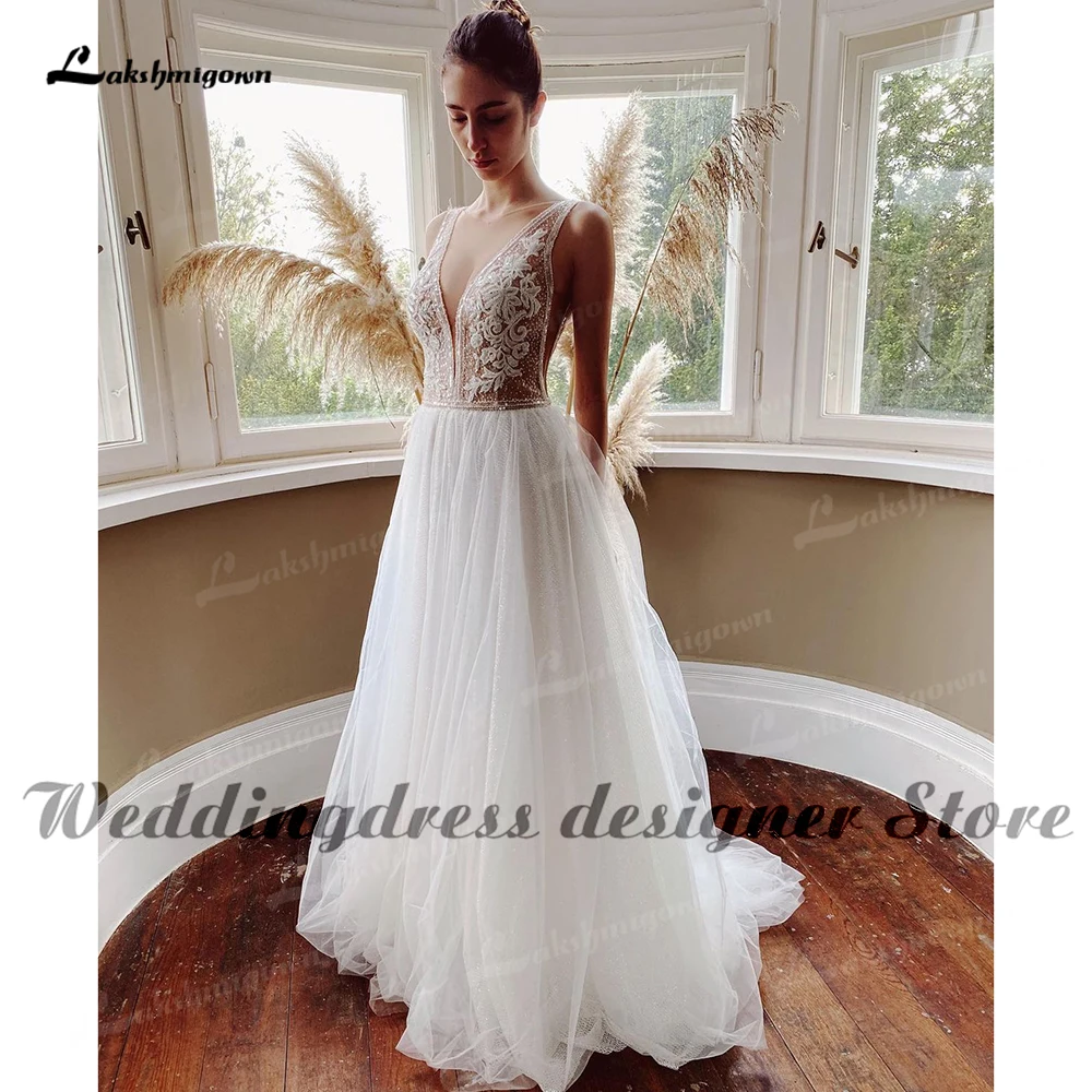 Luxo praia uma linha vestido de casamento personalizado decote em v frisado renda glitter tule boho vestidos de noiva para mulher 2022 noiva trouwjurk