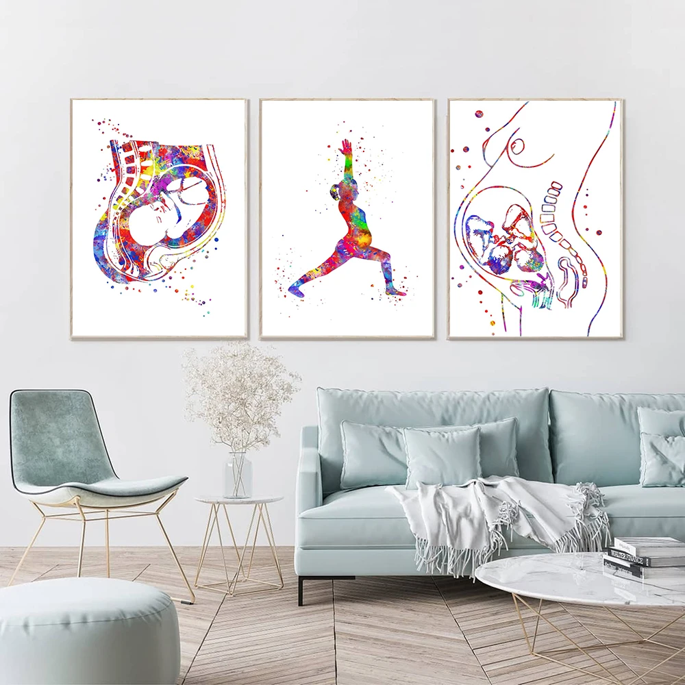 Pregnant Woman Art Yoga Canvas Painting Pictures Doctor Obstetrician Gift Embryo Watercolor Baby Art Poster and Print Wall Decor