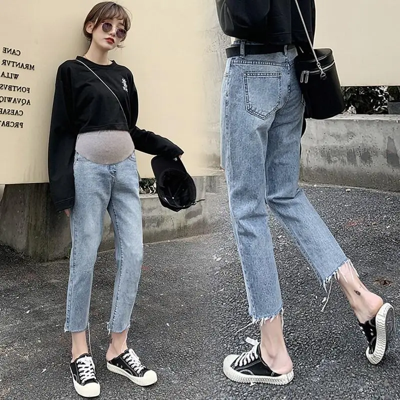 Summer Thin Cotton Maternity Pants for Pregnant Women Clothes Pregnancy Jeans Pants Adjustable Waist Denim Belly Jean Trousers