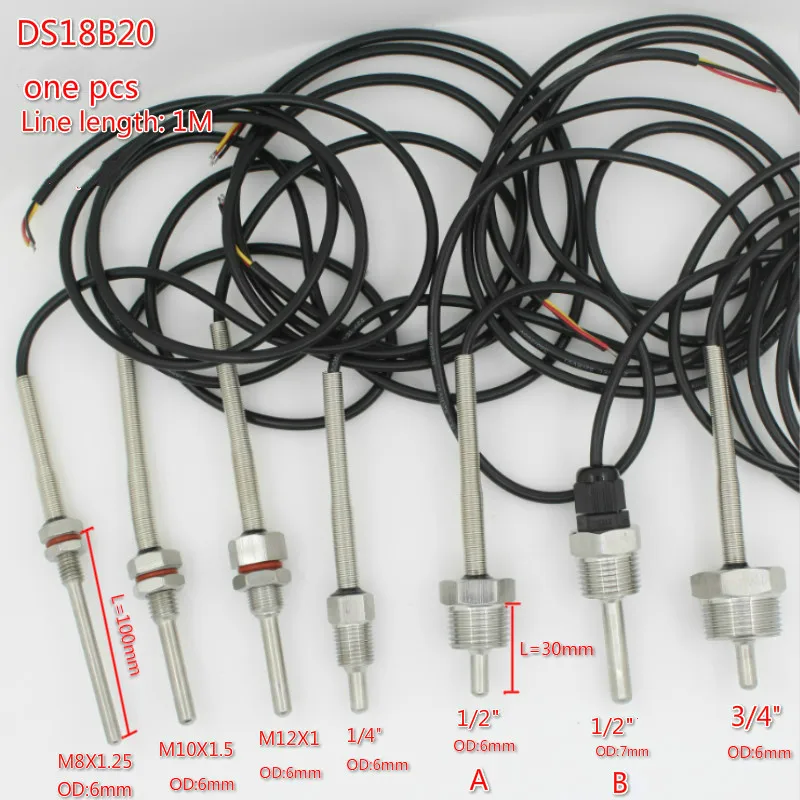 DS18B20 cyfrowy czujnik temperatury G1/2 "1/4" 3/4 "M10X1.5 M12X1 gwint 1m pcv 3-drut SUS304 obudowa ze stali nierdzewnej