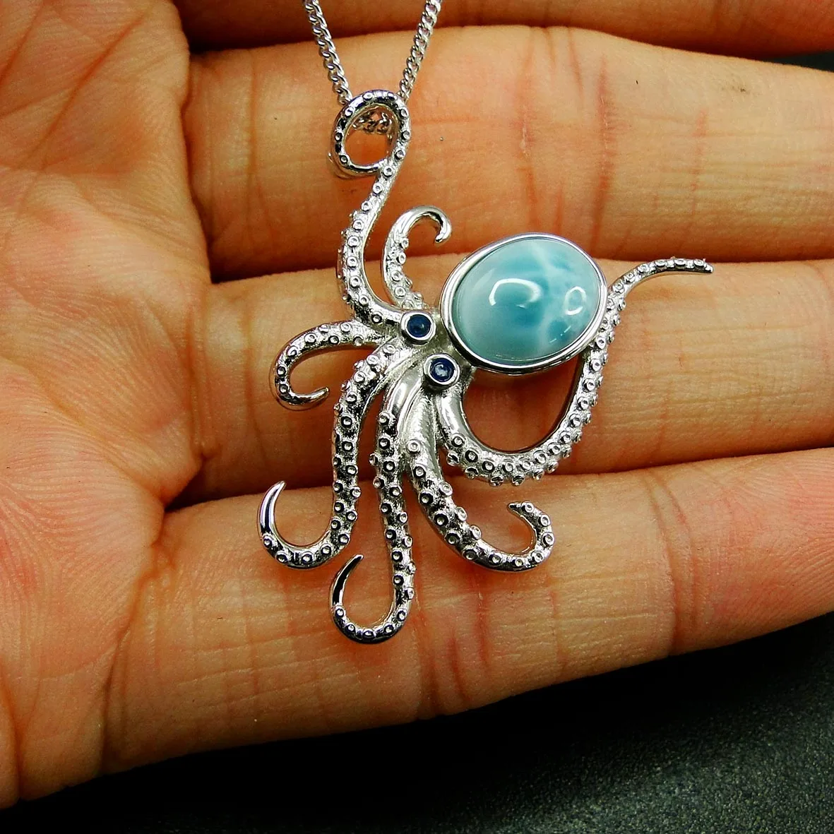 High Quality Real 925 Sterling Silver Octopus Natural Larimar Pendant Neckalce For Women Gift