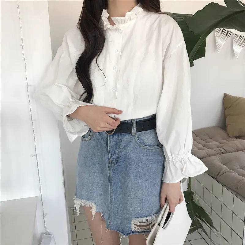 Shirts Women Ruffle Flare Long Sleeve Solid Simple Students Slim Womens Korean Style Harajuku Elegant Shirt Blouses Casual Chic