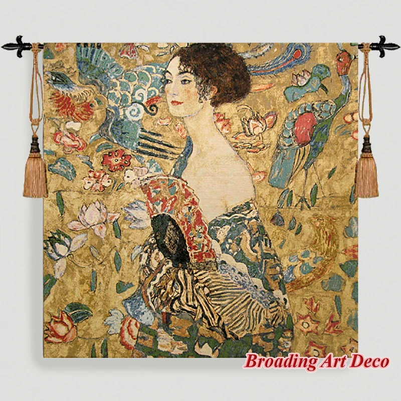 

Gustav Klimt Lady with Fan Tapestry Wall Hanging Jacquard Weave Gobelin Home Art Decoration Aubusson Cotton 100% 138*138cm