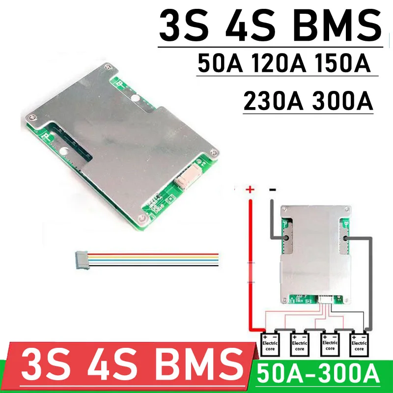 Bms 12v 50a 120a 150a 230a 300a 18650 Li-ion Lifepo4 Lifepo4 Bateria de Lítio Placa de Proteção w Equilíbrio Partida do Carro rv Inversor 3s 4s