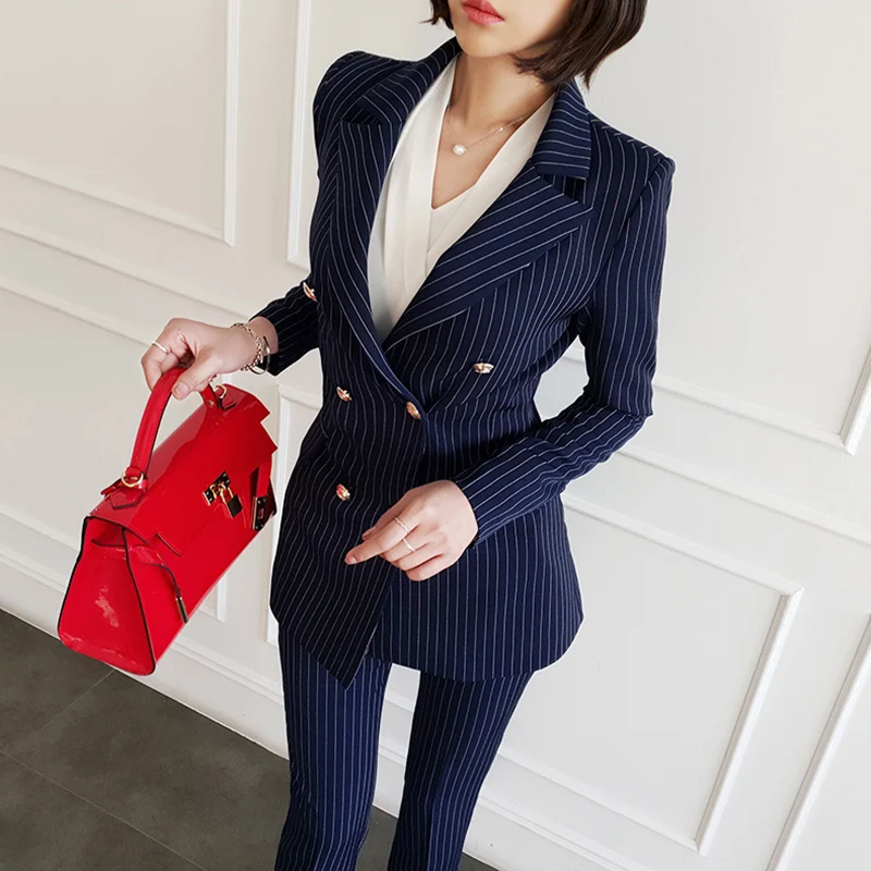

Runway Ladies Spring Suit Office Work Striped Blazer Trouser Set Fashion Business Pant Suits Women Formal Pantsuit