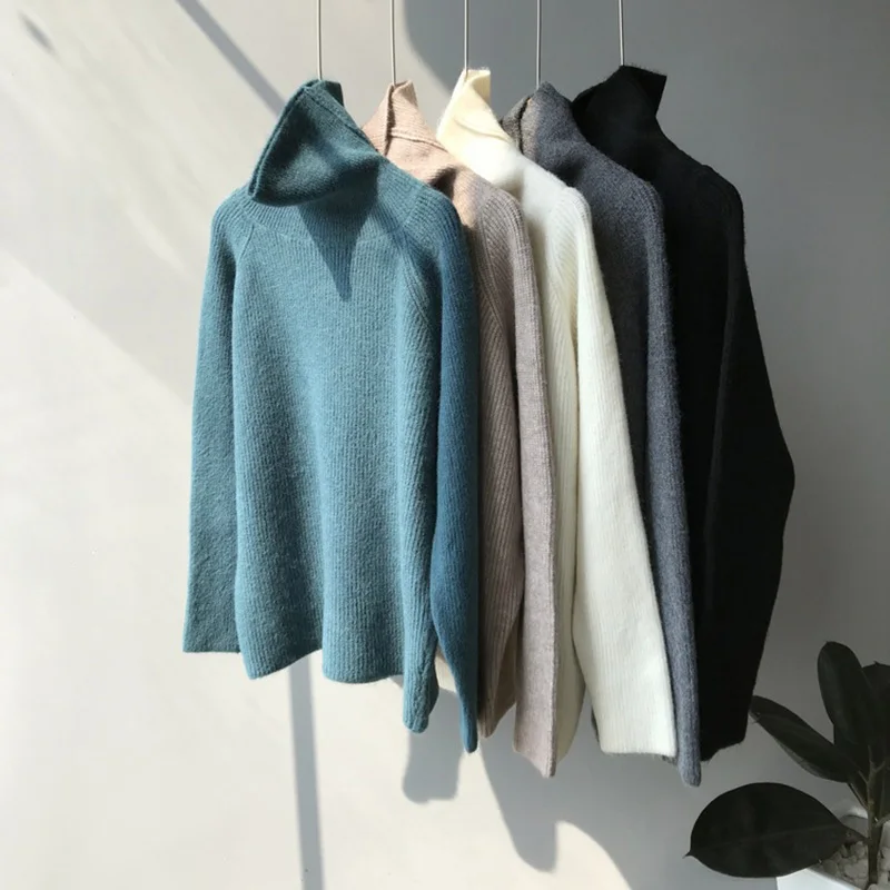 2020 Women Autumn Winter New Thick Fleece High Neck Long sleeved Oversized Sweater Ladies Thick Solid Color Casual Tops Female