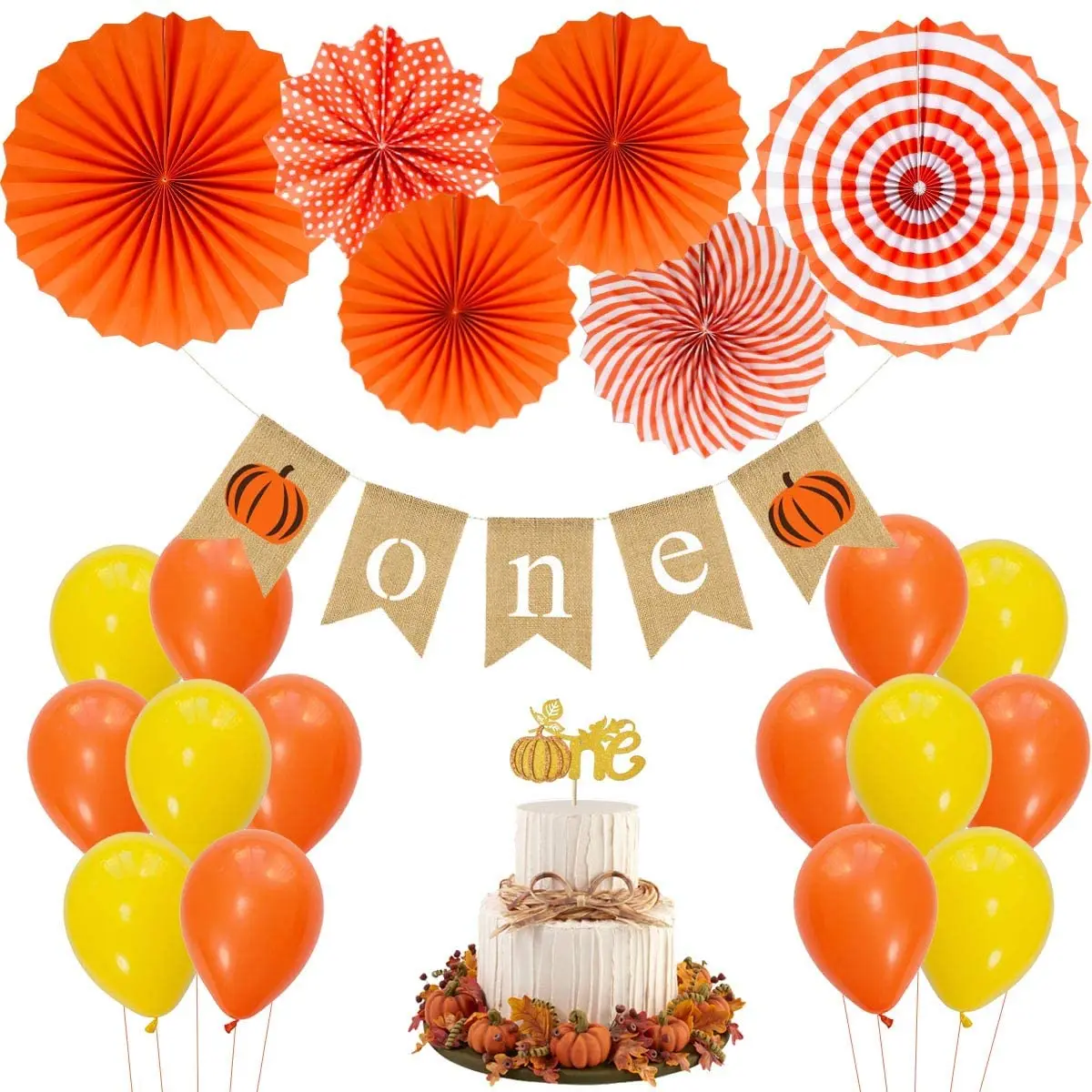 

Little Pumpkin First Birthday Party Decorations One Letter Cake Topper Banner Hanging Paper Fans for 1st Birthday Supplies