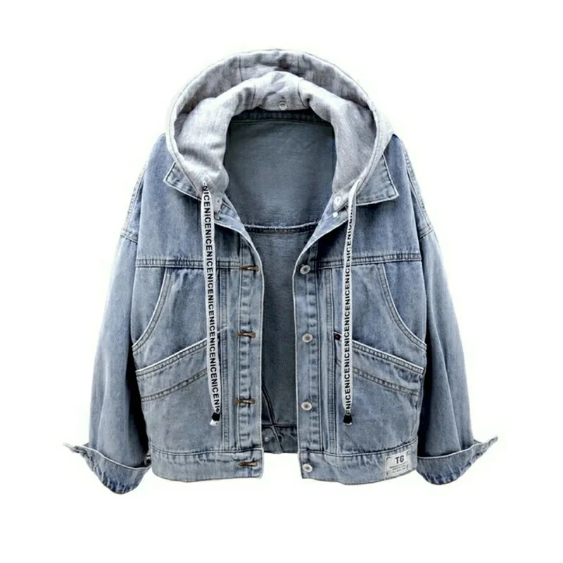 Denim Jacket Female Student Korean Loose Short Jacket Long Sleeved Hooded Jacket Multi-Pocket Versatile Top Women Autumn Winter