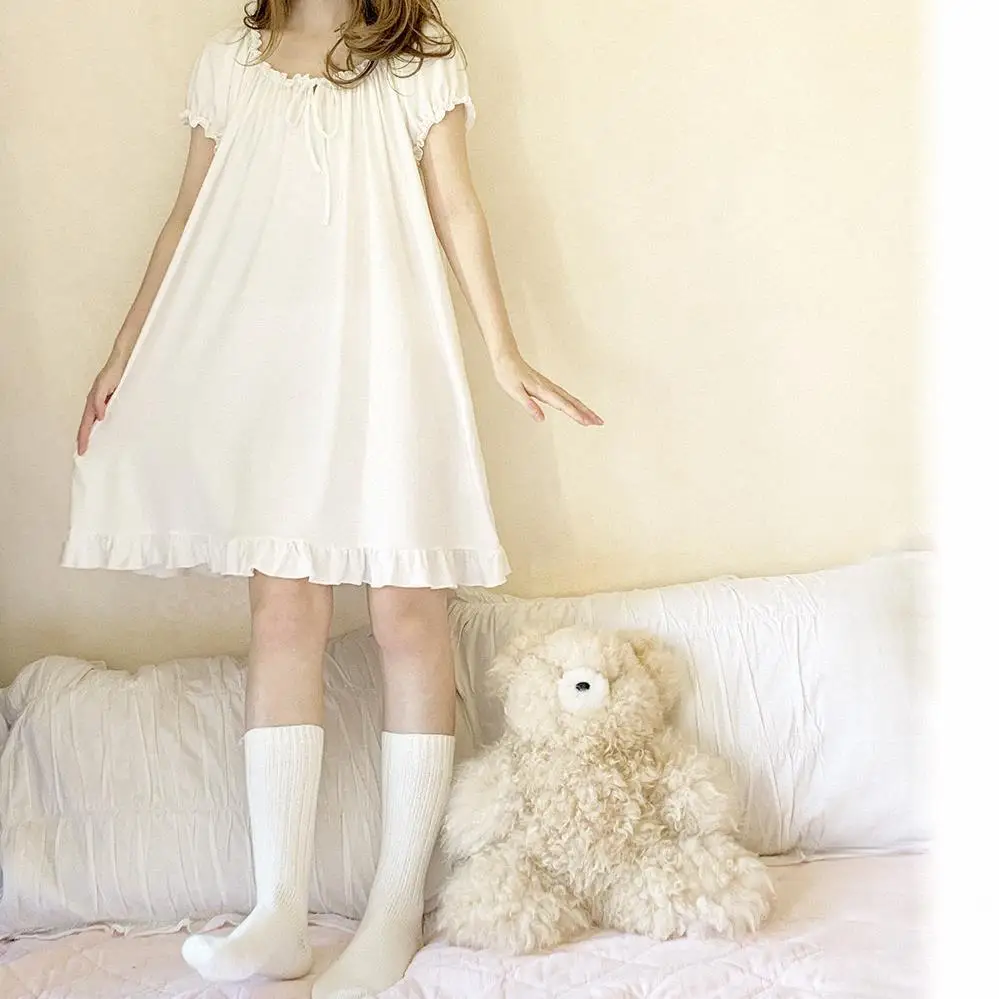 Nightgowns Women Cotton Short Sleeve Sexy Knee-length Solid Kawaii Ruffles Bow Loose Sleepwear Lolita Style Princess Nightdress