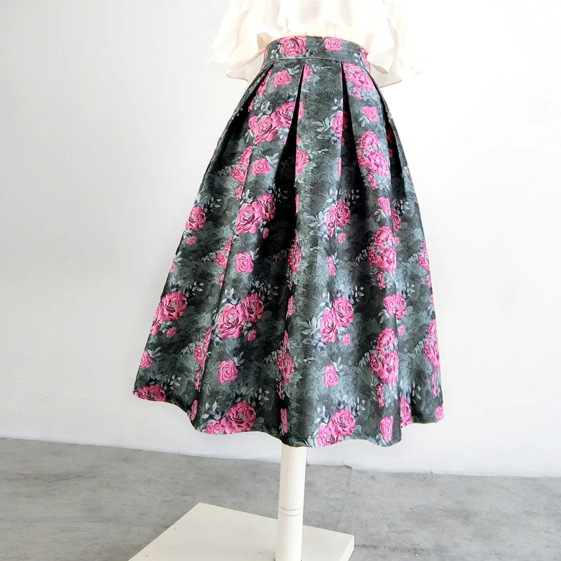 New arrival spring autumn vintage Jacquard embroidered ball gown skirt women high waist printed umbrella skirt