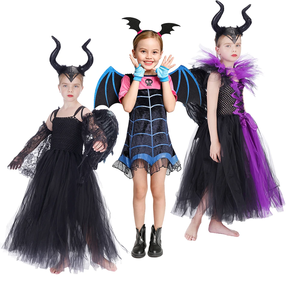 

Maleficent Witch Vampirina Cosplay Costumes Kids Halloween Party Evil Queen Mesh Tutu Dresses Carnival Vampire Disguise Outfits