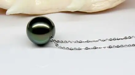 free shipping noble jewelry stunning round south sea13-14mm black green pearl necklace 14k