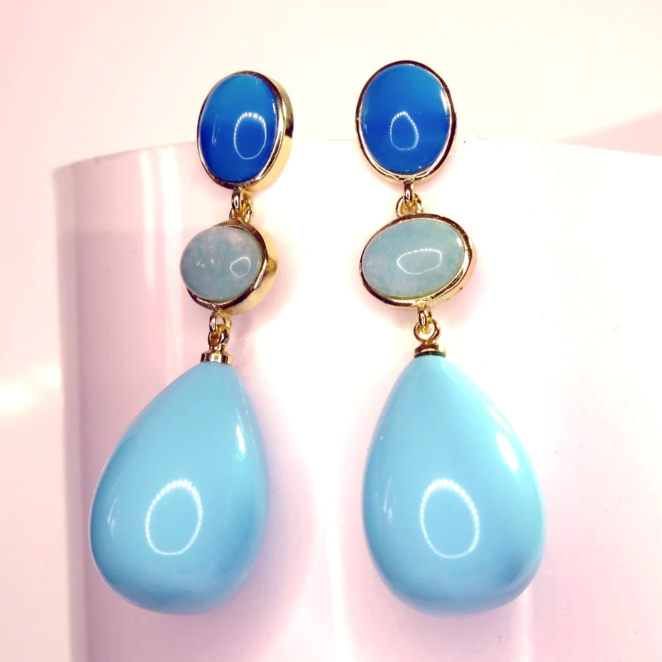 

Blue Turquoise and Amazonite Natural Stone 5cm Long Tear Earrings 925 Silver Needle With Gold plated Fine Jewelry For Women