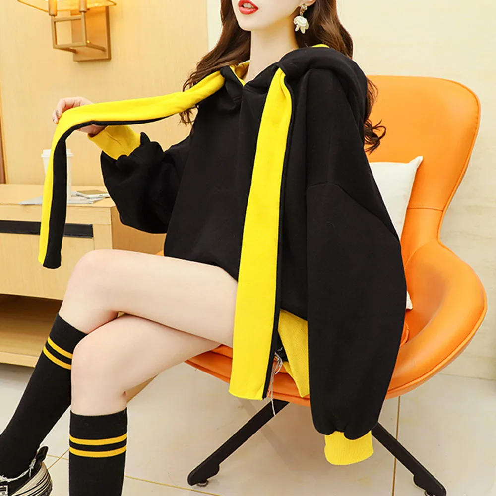 2022 Korean Hooded Sweatshirts Casual Solid Patchwork Long Sleeve Thick Fleece Hoodies Fashion  Mid Length Hoodie