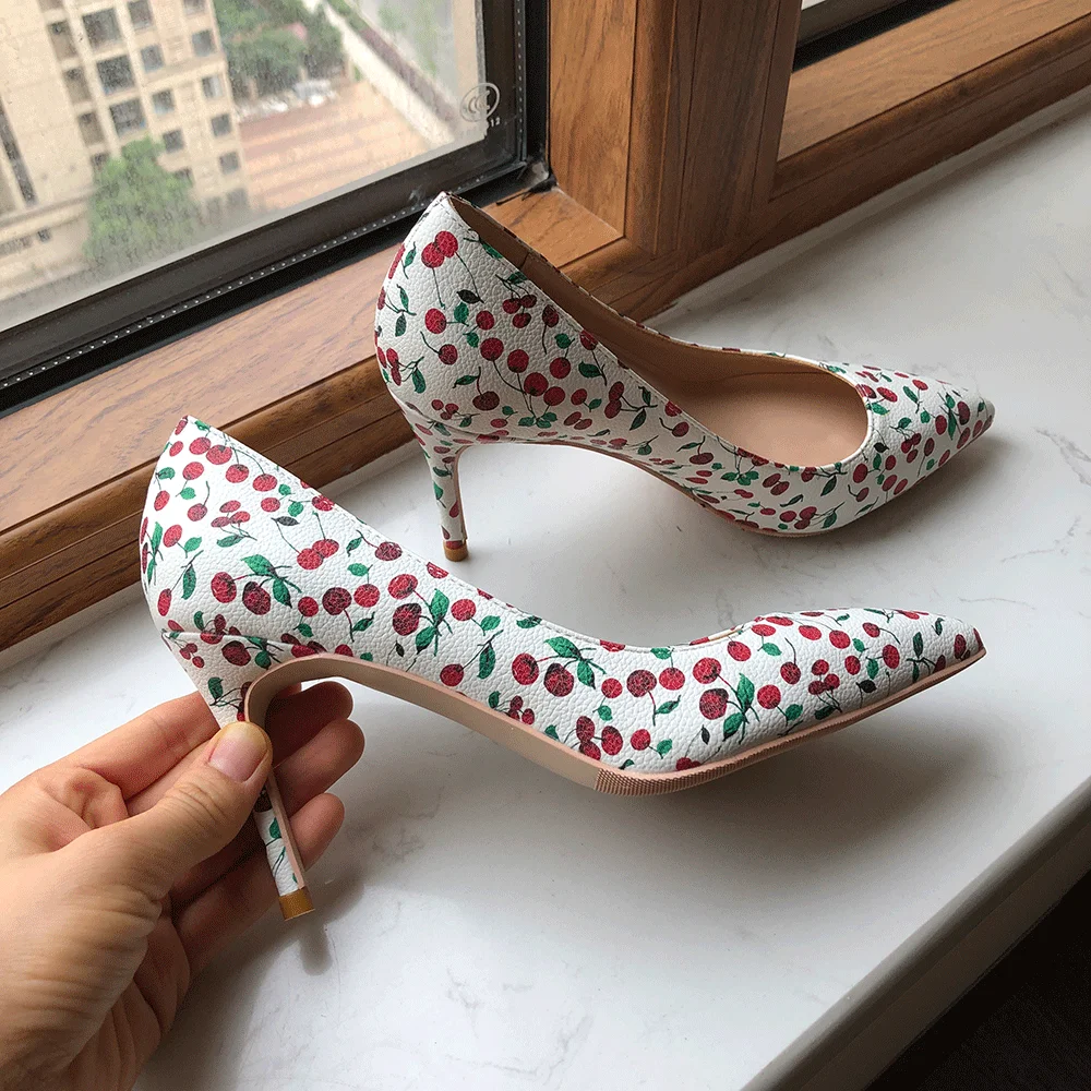 Tikicup Fruit Printed Women White Matte Pointy Toe High Heels Plus Size 33-45 Ladies Cute Stiletto Pumps Fashion Dress Shoes