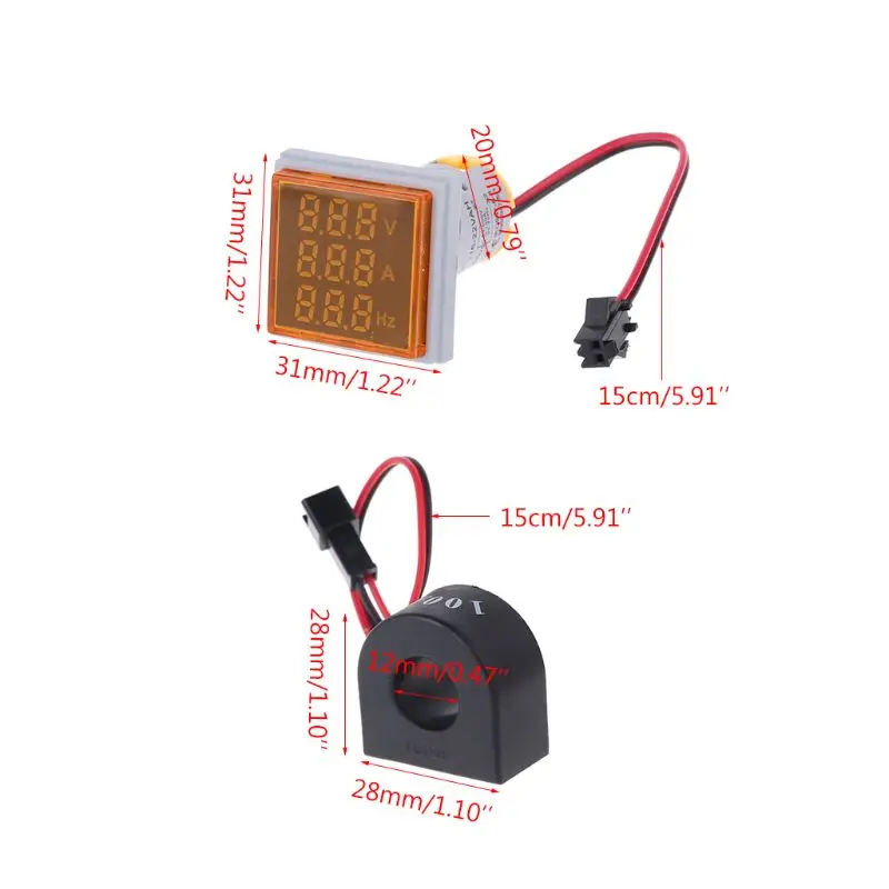 Digital 3in1 AC Ammeter Voltmeter Hz Current Frequency Meter Square Signal Light 22mm Digital Voltage Amp Hz Led Lamp with CT