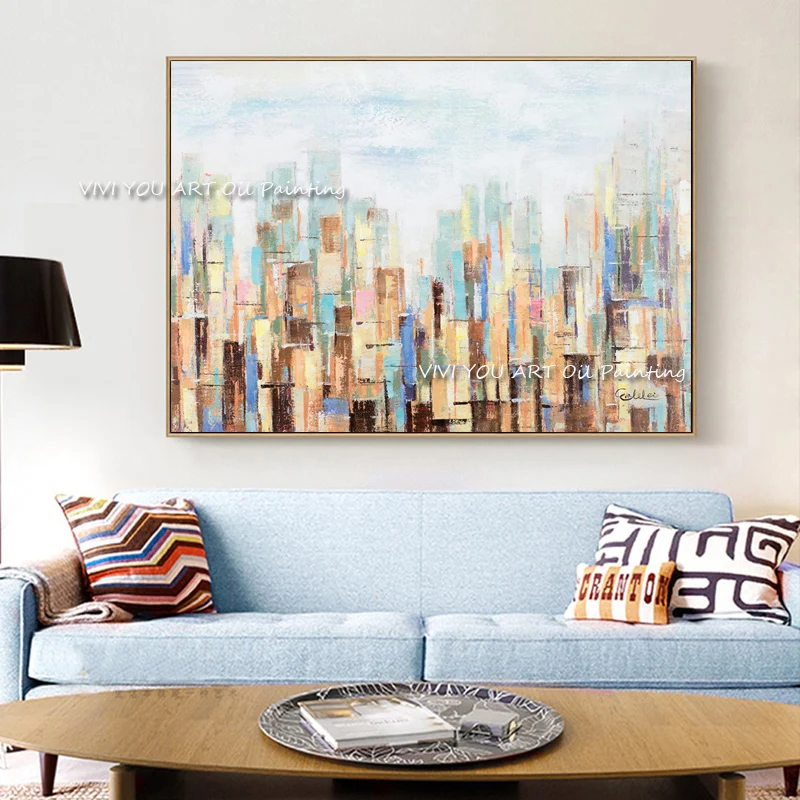 100% Handpainted Soft Tone Modern Urban Abstract Oil Painting, Thick Textured Skyscraper Canvas Wall Art for Office Unframed