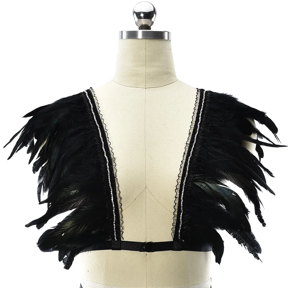 

Black Punk Harness Burning Feather Bra Goth Crop Top Body Cage Women Sexy Feather Shawl Bralette Adjustable Bandage Body Harness