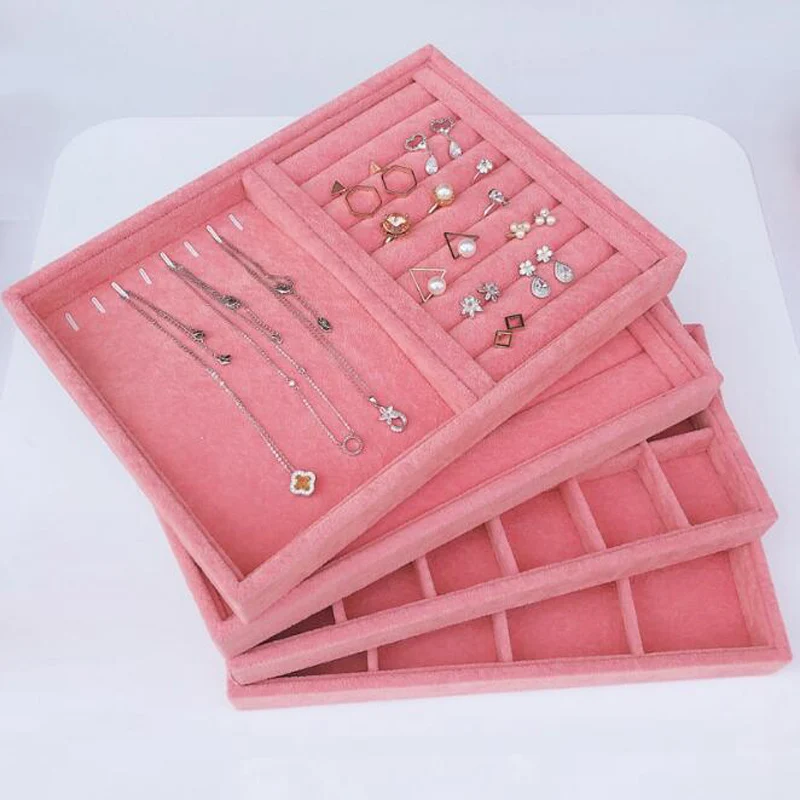 Pink Velvet B/M/S Necklace Earrings Storage Box Showcase Jewellery Stand Holder Ring  Jewelry Display Organizer Case Tray Holder