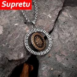Viking Rotation Compass Necklaces Norse Double-sided Triangle Stainless Steel Pendant Men Odin Runes Amulet Scandinavian Jewelry