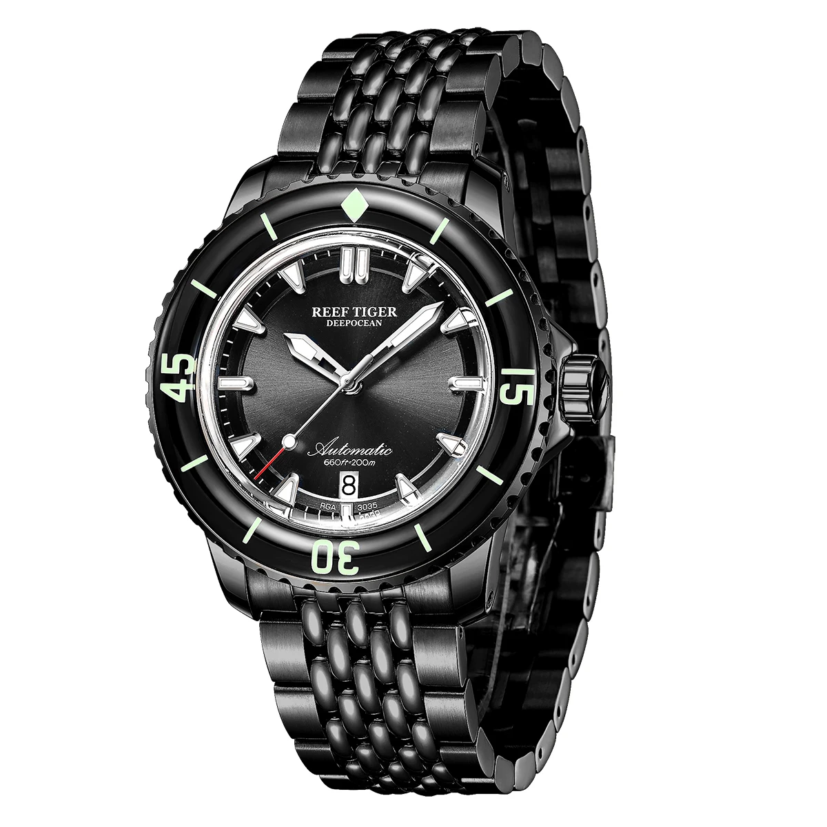 Reef Tiger/RT Top Brand Men Mechanical Dive Watches All Black Sapphire Crystal Bracelet Watch Luminous Watch Waterproof RGA3035