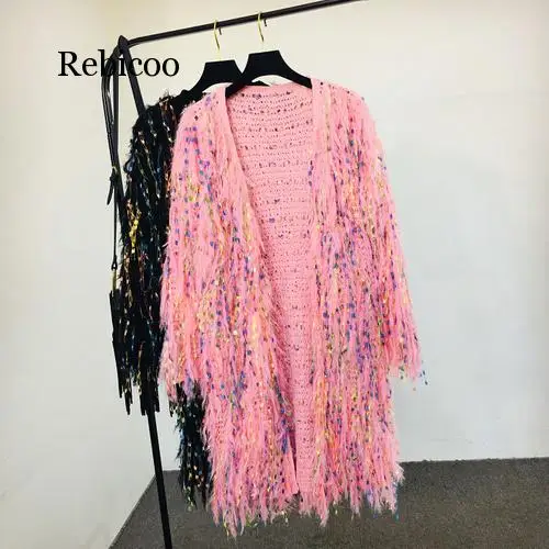 Lambs Sequins Tassels Knitted Sweater Long Jacket Hook Flowers Cardigan Handmade Mixed Color Fringed Velvet Fluffy Coat Outwear