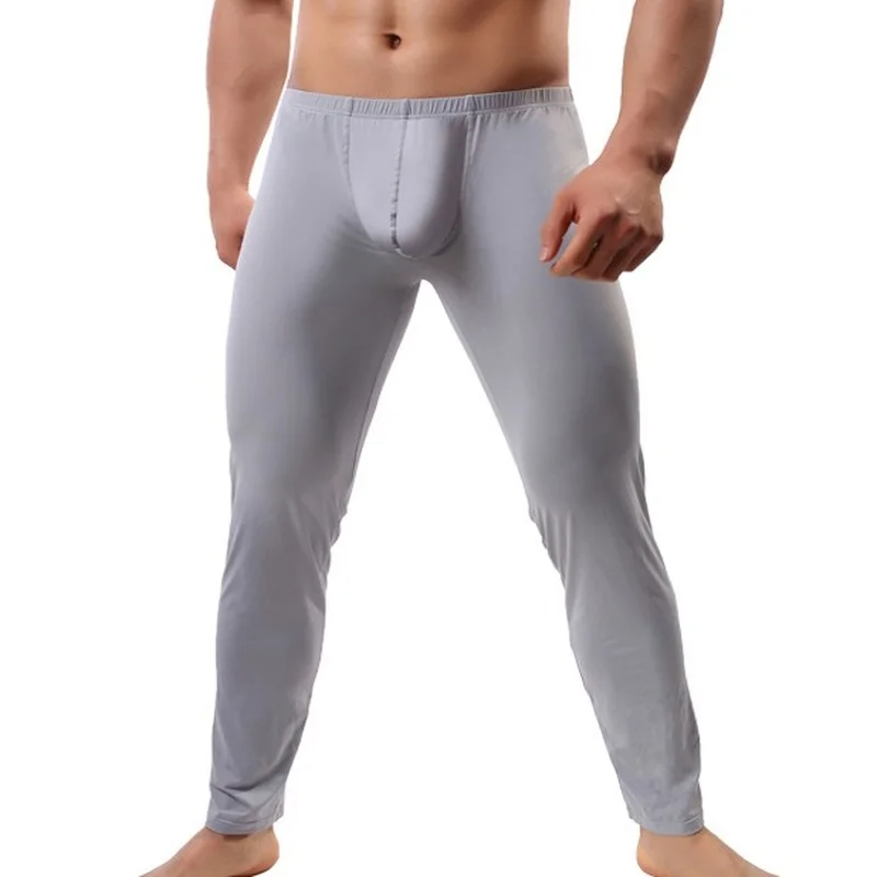 2XL Mens Sleep Bottoms Sexy Erotic Big Pouch Pants Ice Silk Ultra-thin See Through Trousers Gay Legging Lounge Pants Sleepwear