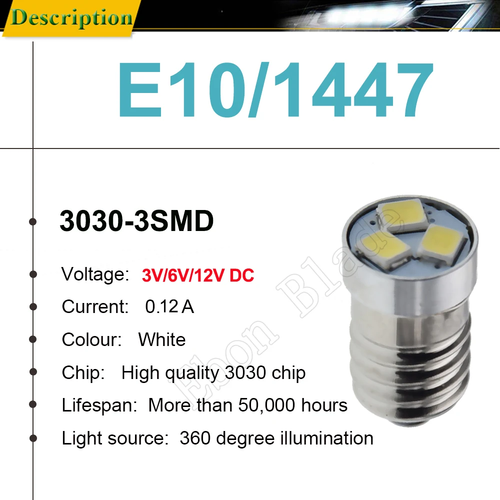 1/2 Pcs E10 1447 Screw LED Bulb 3V 6V 12V Flashlight Lamp 1.44W 3030 3SMD Replacement Torch Light 3 6 12 Volt White Accessories