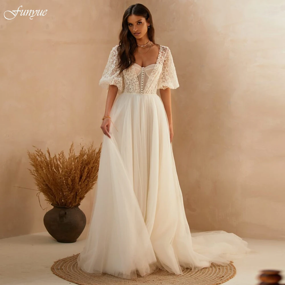 Vintage Boho Wedding Dress 2025 New Lace Half Sleeve Sweetheart Bridal Reception Gown A-Line Tulle Lace Up Beach Bride Dress