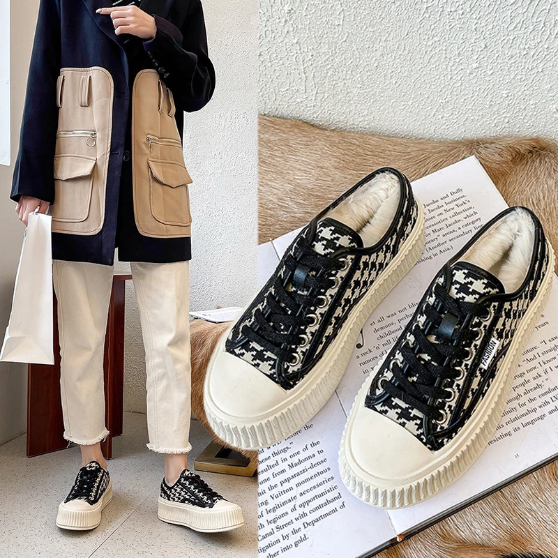 

Autumn and Winter Plus Velvet Women's Canvas Shoes, Women's Thick-Soled Warm Cotton Shoes, Korean Casual Platform Cotton Shoes