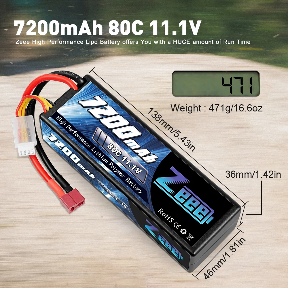 Zeee 3S Lipo Battery 11.1V 80C 7200mAh Hardcase with Deans Plug for RC Car Truck Boat RC Truggy FPV Drones Airplane Buggy Parts