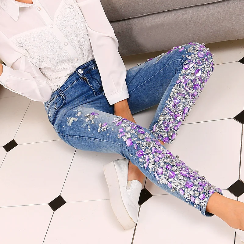 Quality Handmade Beading Colorful Diamond Women Jeans Fashion Elastic Slim Ripped Mid Waist Denim Pencil Pants Summer Jeans 30