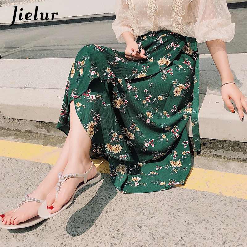 Jielur Vintage Daisy Floral Skirt Women Fashion High-waisted Casual Skirt Side Bowknot Chiffon Beach Skirts Holiday Faldas 2021