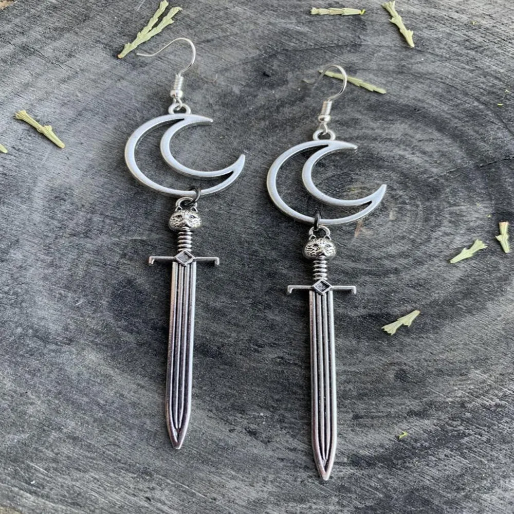 Moon Cat Sword Earrings Goth witch jewelry novelty beautiful charm women gift 2020 fashion Warrior eardrop dagger crescent