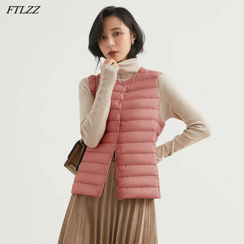 FTLZZ invierno Ultra luz Chaleco Corto las mujeres chaqueta de pato blanco abajo cálido sin mangas capa sólida rutina Slim Underwaist de prendas de