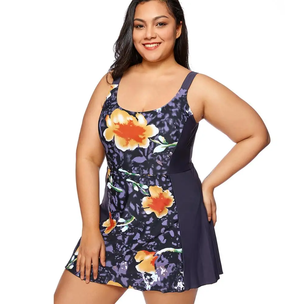 Women Modest Swimdress Plus Size One Piece Swimsuit Skirted Swimwear Summer Floral Printed Lady Biquini Beachwear Bathing Hawaii