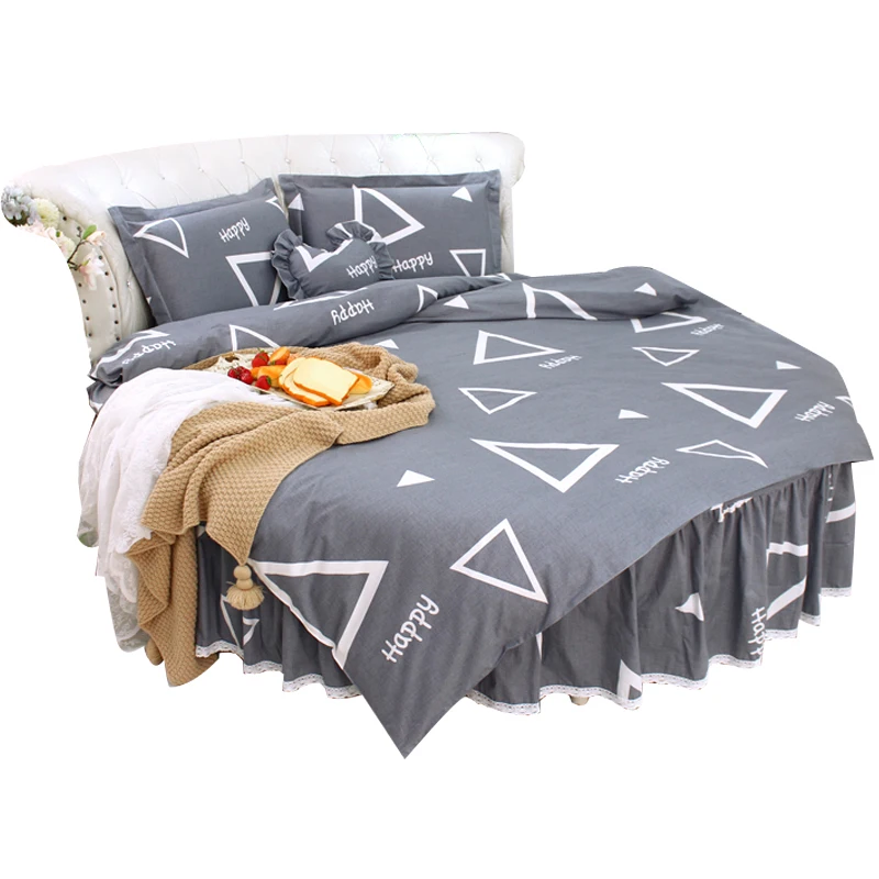 

Grey Color Geometric Style Ruffle Round Bed Cotton Home Bedding 4pcs Set King Size 2-2.5m Round Bed Dress Comforter Cover Sets