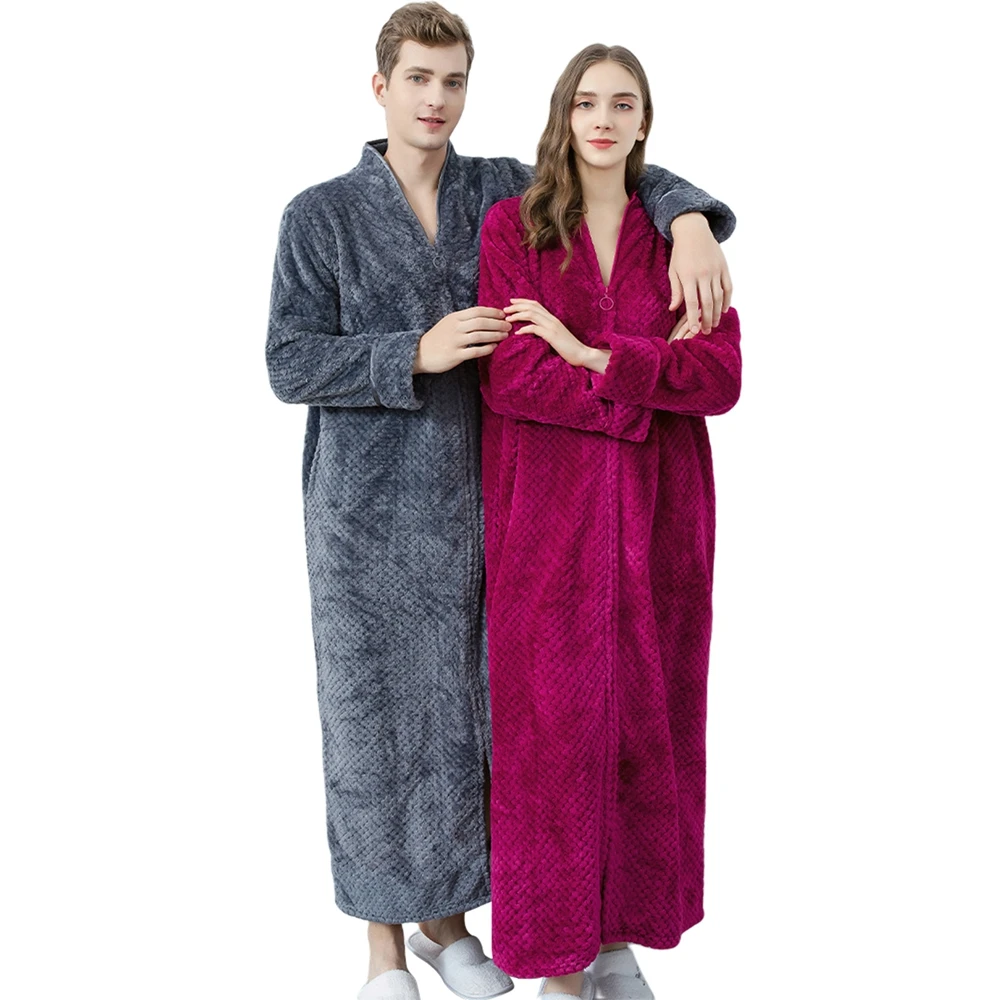 Robes Women Men Flannel Bath Robe Long Zipper Couple Pajamas Nightgown Winter Thicken Warm Soft Sleepwear Female Robe