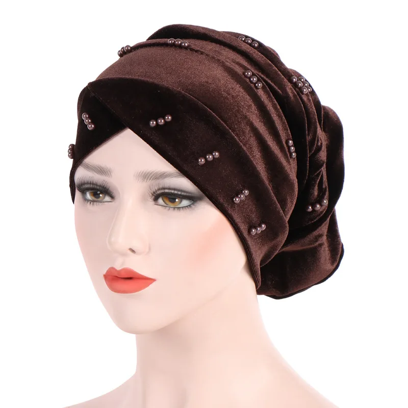 진주 벨벳 내부 히잡 모자 이슬람 머리 장식 여성 turban femme musulman, 부드러운 단색 turbante hijab 보닛 착용 준비 완료