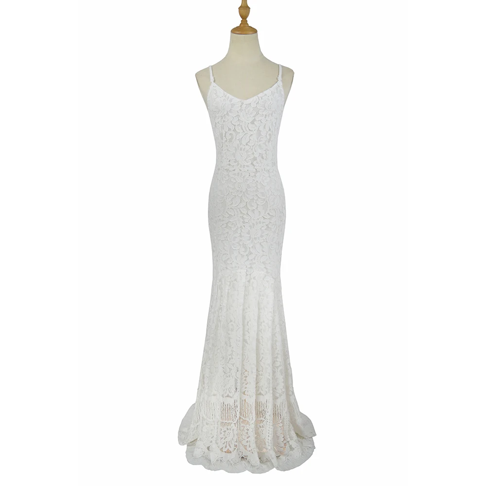 Robe longue de soirée en dentelle, style sirène, élégante, blanche, Sexy, Maxi, col en V, élégante, YSM-5234