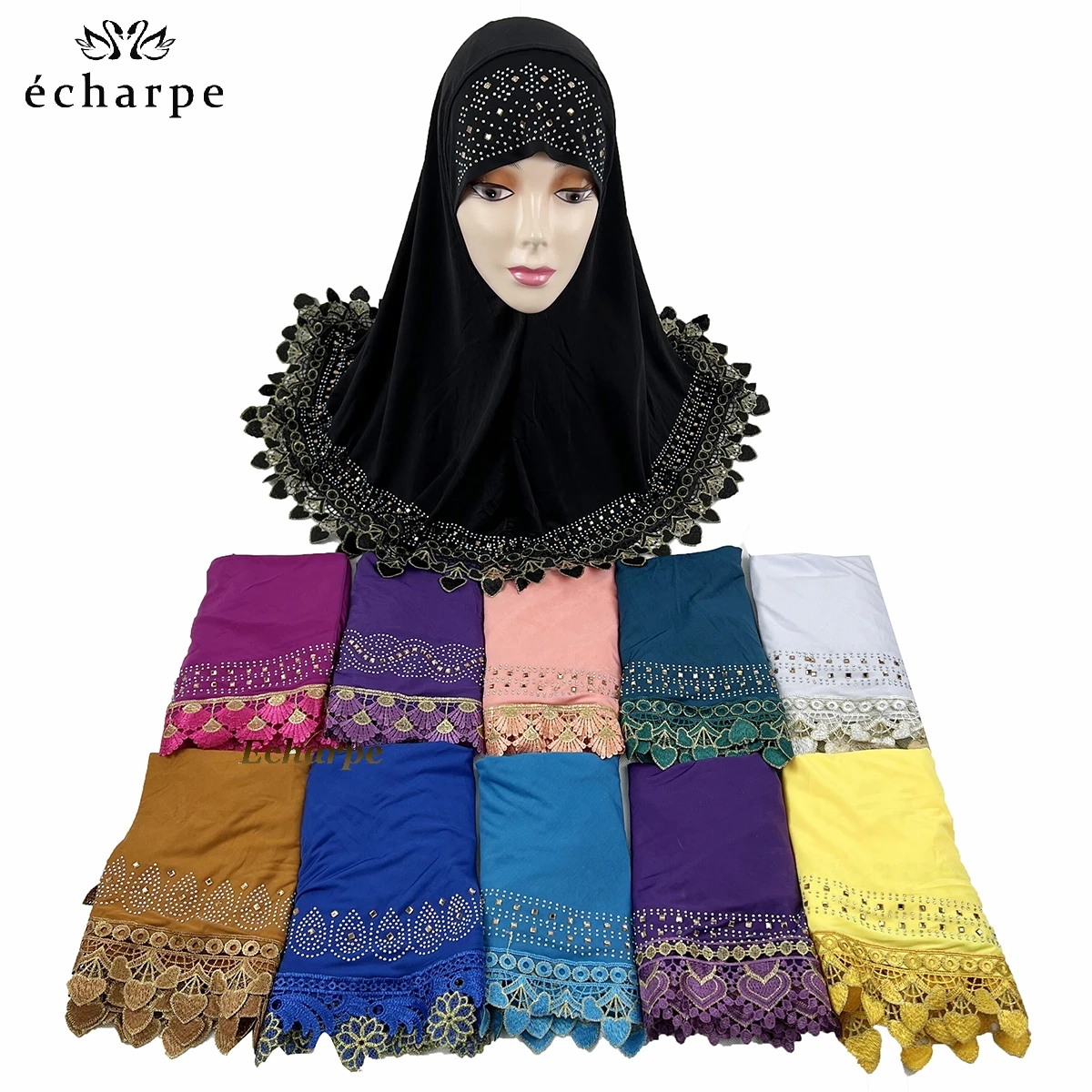 12pcs/ 1 dozen African Women Muslim Arabic Inner Hijab Dubai Scarf with Rhinestones Pull on Islamic Scarf Head wrap Headwear