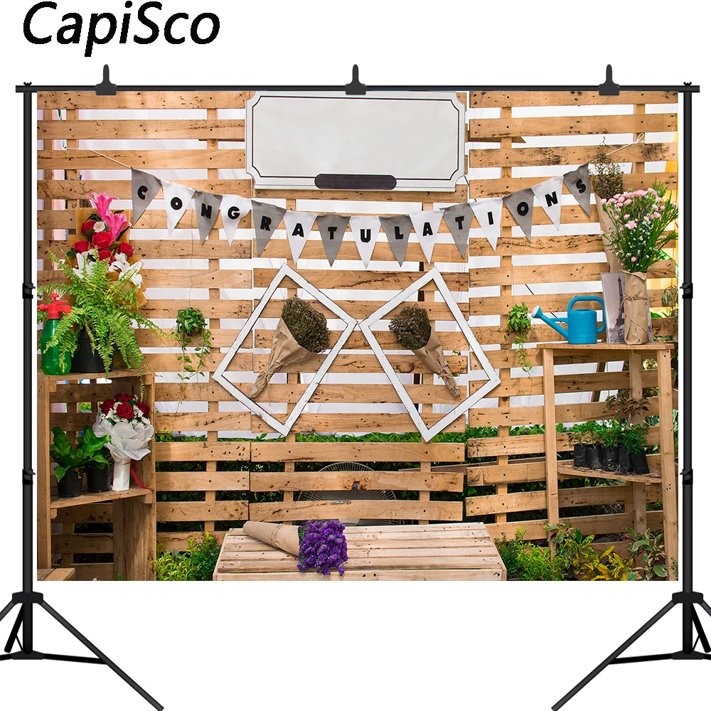 Capisco Spring Backdrop Brown Wooden Wall Flowers Photo Background Baby Girl Kid Portrait Wedding Party Photography Decor Studio