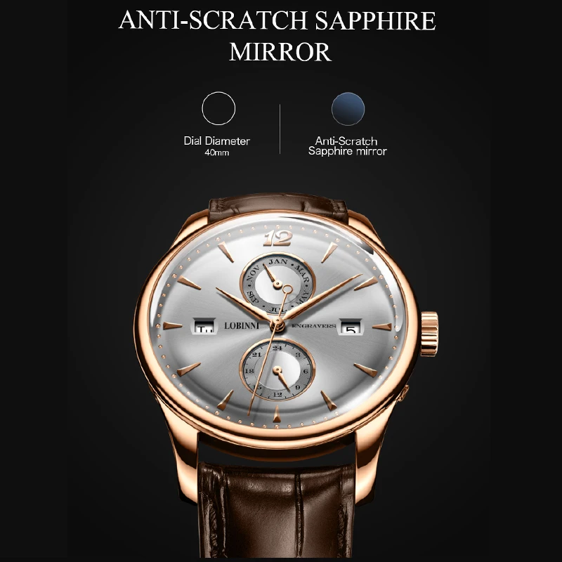 LOBINNI Top Brand Luxury Men Watch Rose Gold Case Genuine Leather Strap Automatic Mechanical Watches Date Week Month Clock