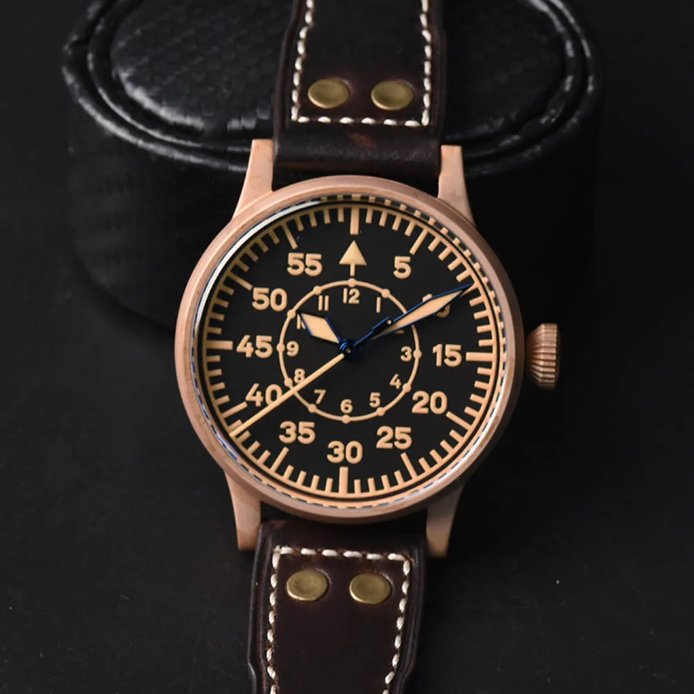 42mm Fashion Air Force B-Uhr Luminous Waterproof Pilot Watch Sapphire Glass Mirror Bronze Mens SW200 Automatic Mechanical Reloj