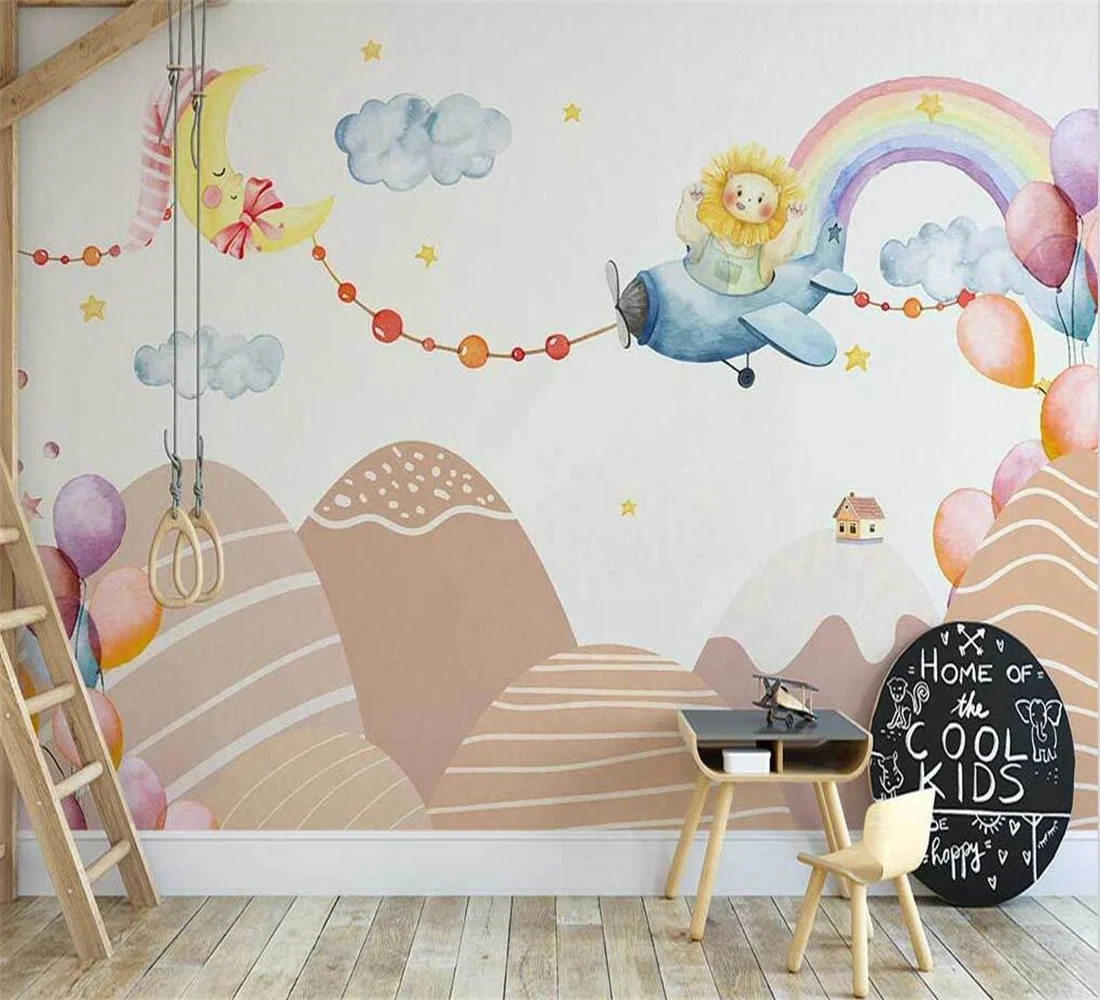 Custom wallpaper Nordic hand-painted cartoon valley balloon animal Cartoon airplane children's room background wall 3d wallpaper